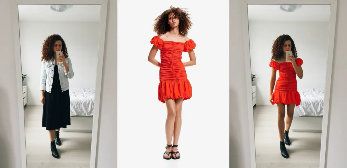 Virtual try-on: Red Dress — showing model, garment, and AI result