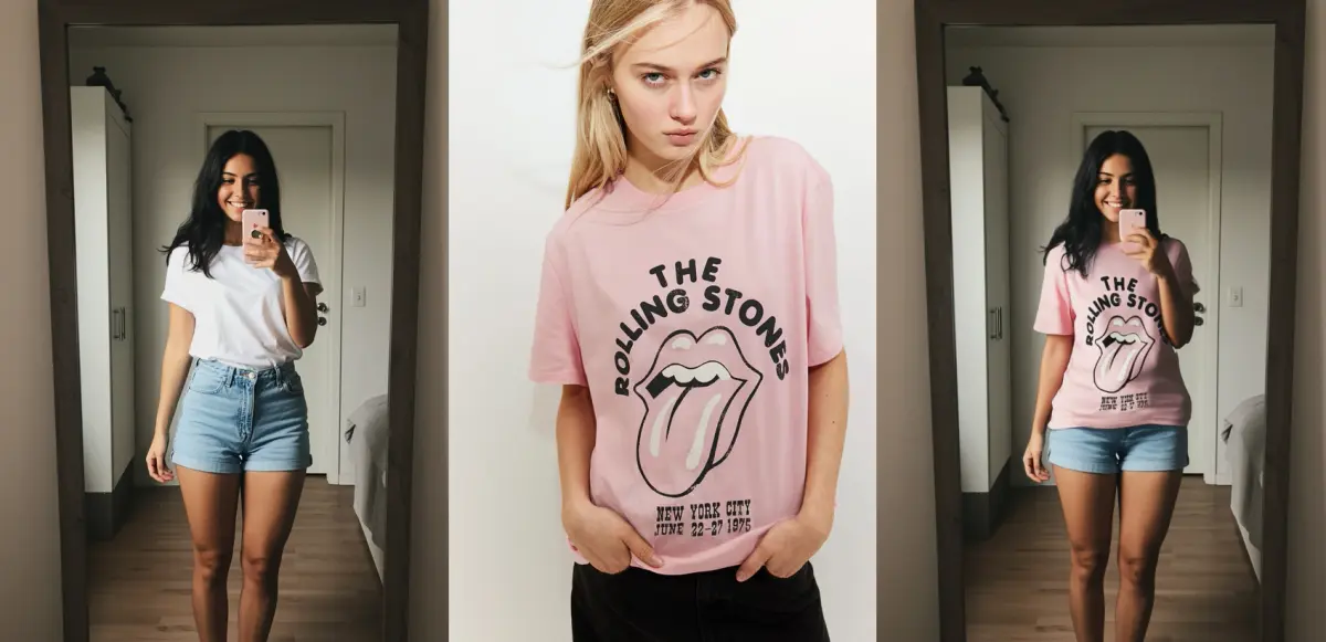Virtual try-on: Graphic Tee — showing model, garment, and AI result