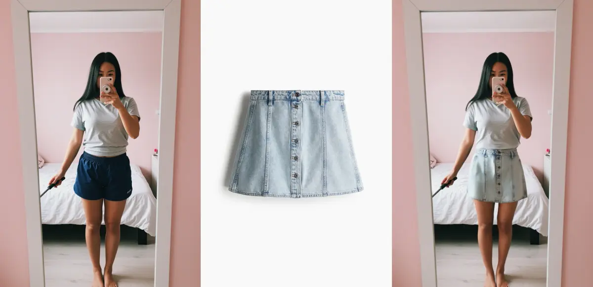 Virtual try-on: Denim Skirt — showing model, garment, and AI result