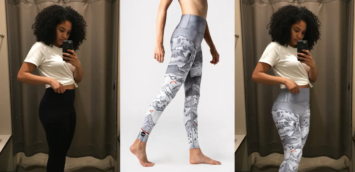 Virtual try-on: Printed Leggings — showing model, garment, and AI result