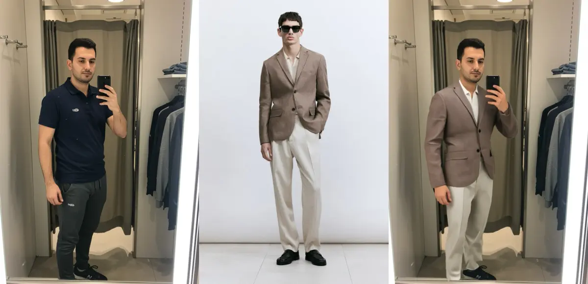 Virtual try-on: Blazer Suit — showing model, garment, and AI result